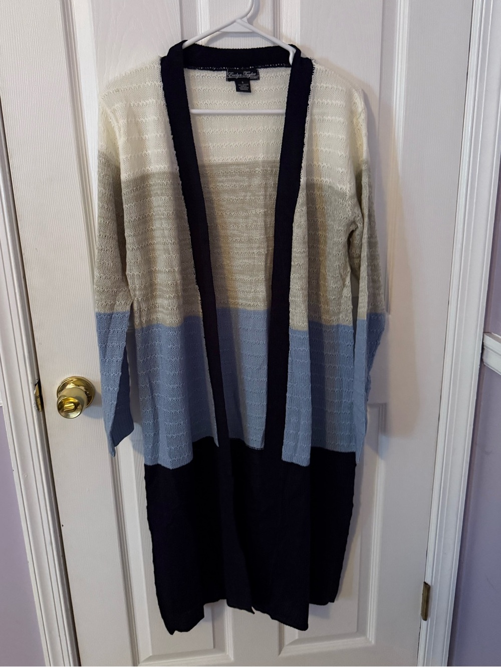 Evelyn Taylor Striped Open Front Long Cardigan Sweater - Blue, Cream & Black